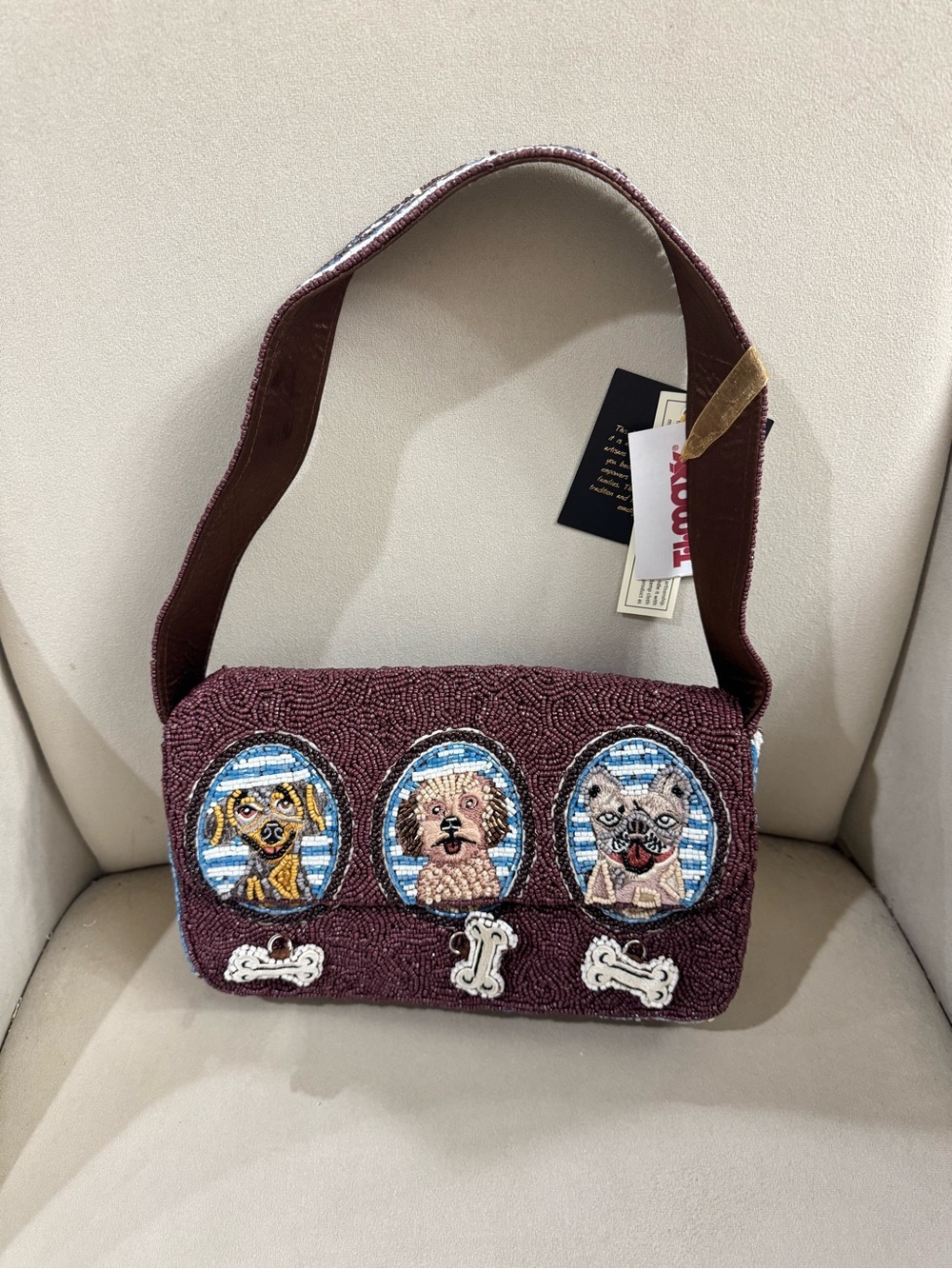 Beaded Plum Shoulder Bag with Playful Dog Portraits